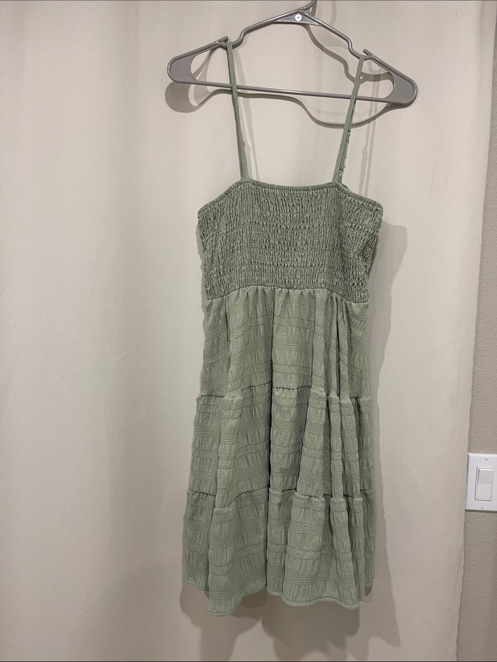 Smocked Spaghetti Strap Tiered Midi Dress in Sage Green